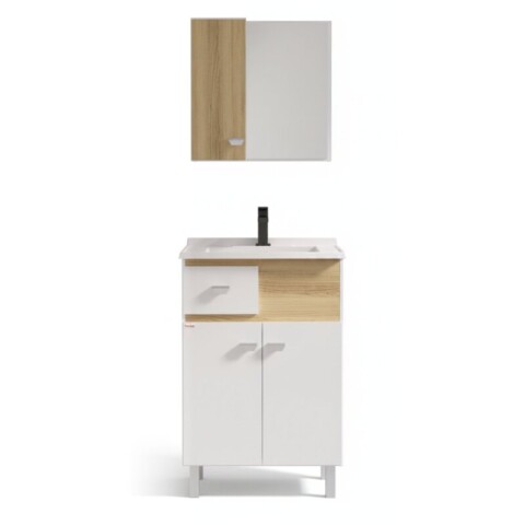 Mueble de Baño de Pie POP (56cm) | Set Bicolor Blanco/Carvalho con Espejo y Lavatorio Mueble de Baño de Pie POP (56cm) | Set Bicolor Blanco/Carvalho con Espejo y Lavatorio