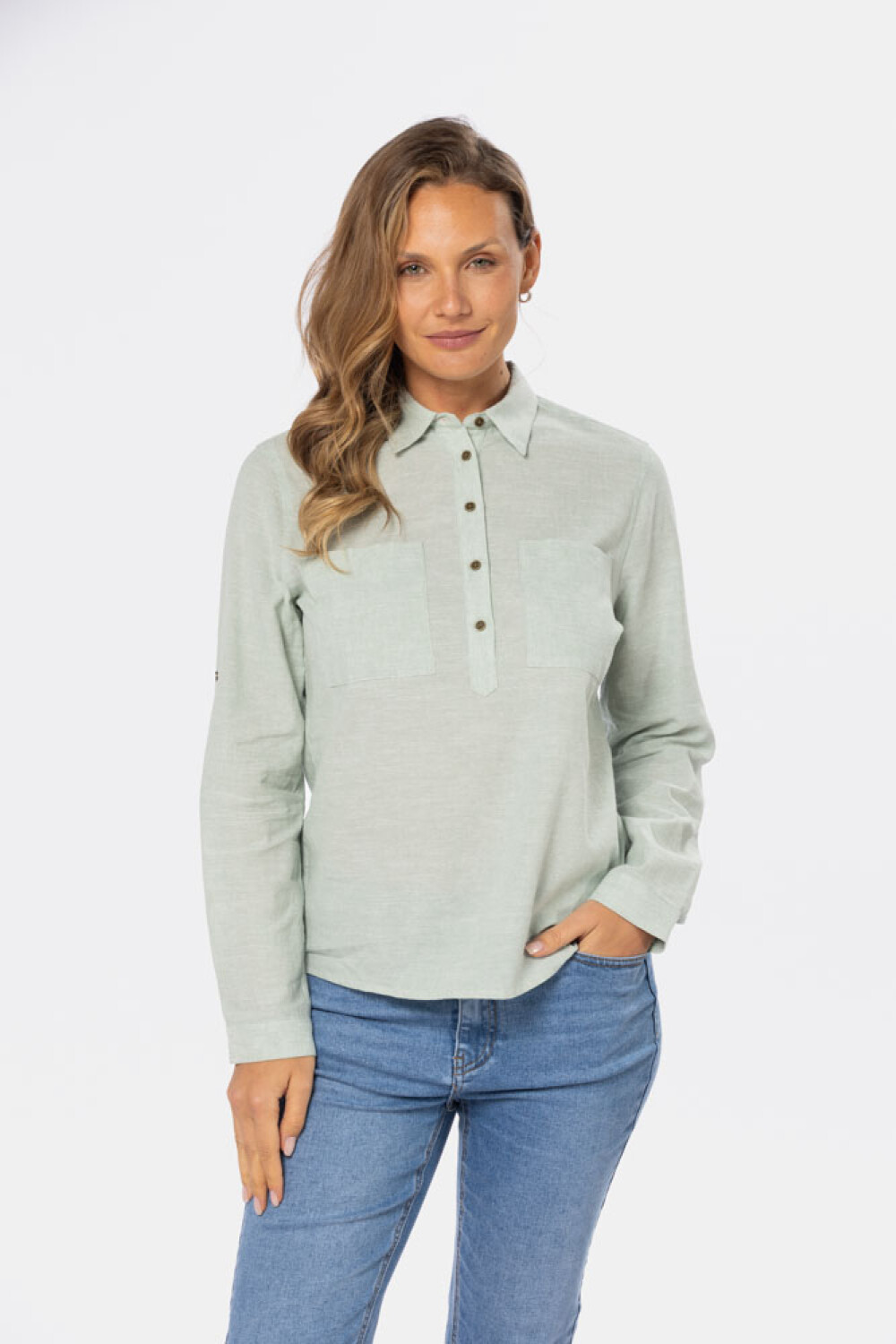 CAMISA DE LINO MEDIO BOTÓN Verde