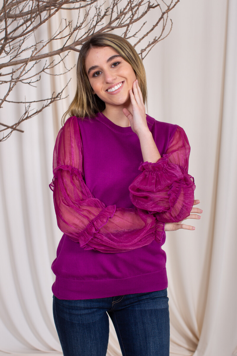 Sweater con manga de organza Magenta