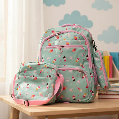 Set Mochila 3 Piezas Estampado Helados Escolar Resistente Verde Claro