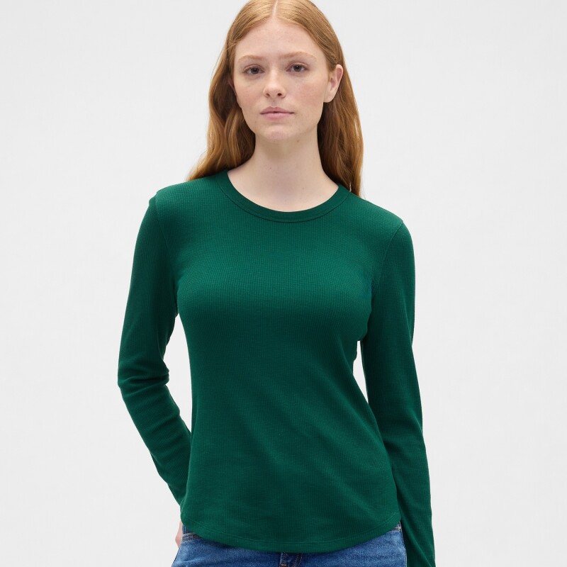 V-LS OPP WAFFLE TEE EVERGREEN GLAMOUR