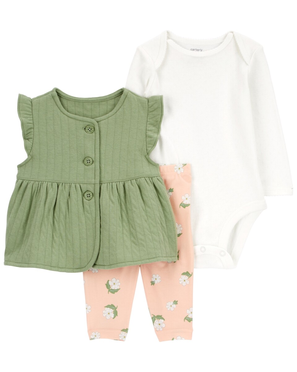 Set tres piezas de algodón, chaleco capitoneado, pantalón y body calado, diseño floral 