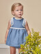 Vestido Lino Con Tiras Bordadas En Contr Azul Medio Claro