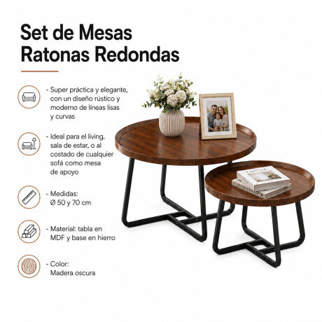 Set 2 Mesas Ratonas Redondas Hierro Living Moderno Marrón