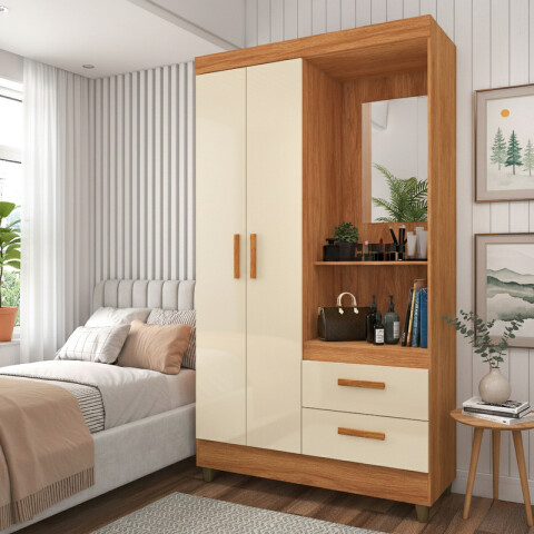 Ropero Cecilia 2 Puertas 2 Cajones con Perchero y Espejo Tocador 101cm MDP - Cinamomo Off White Ropero Cecilia 2 Puertas 2 Cajones con Perchero y Espejo Tocador 101cm MDP - Cinamomo Off White