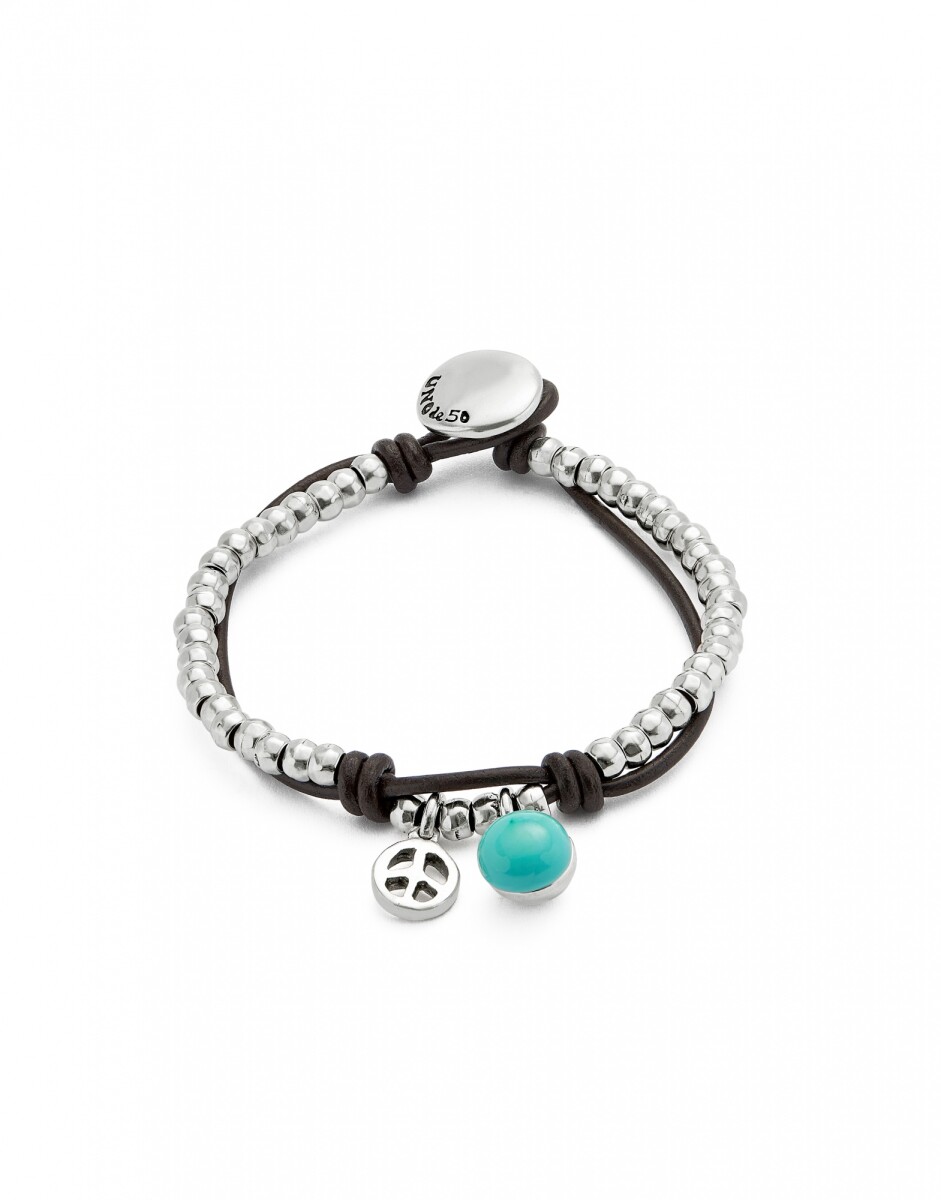 PULSERA DE BOLAS EN ALEACIÓN DE METALES BAÑADAS EN PLATA DE LEY CON CUERO Y MURANO TURQUESA - Pulsera 