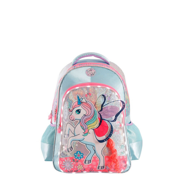 Mochila Footy Unicornio 18" con Luz Led Verde Agua - Rosado