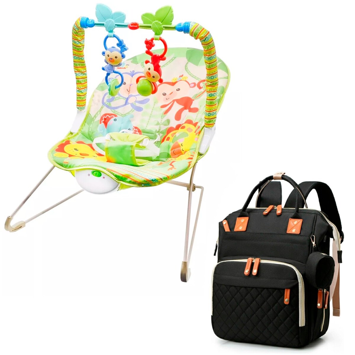 Silla Mecedora Bouncer Bebé + Mochila Maternal Impermeable - Variante Color Verde Negro 