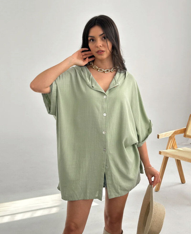 Camisa con capucha de lino verde