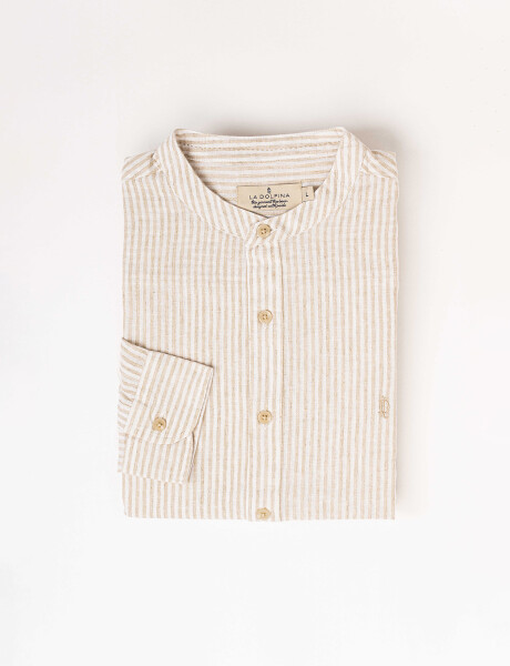 Camisa m/l lino rayada beige