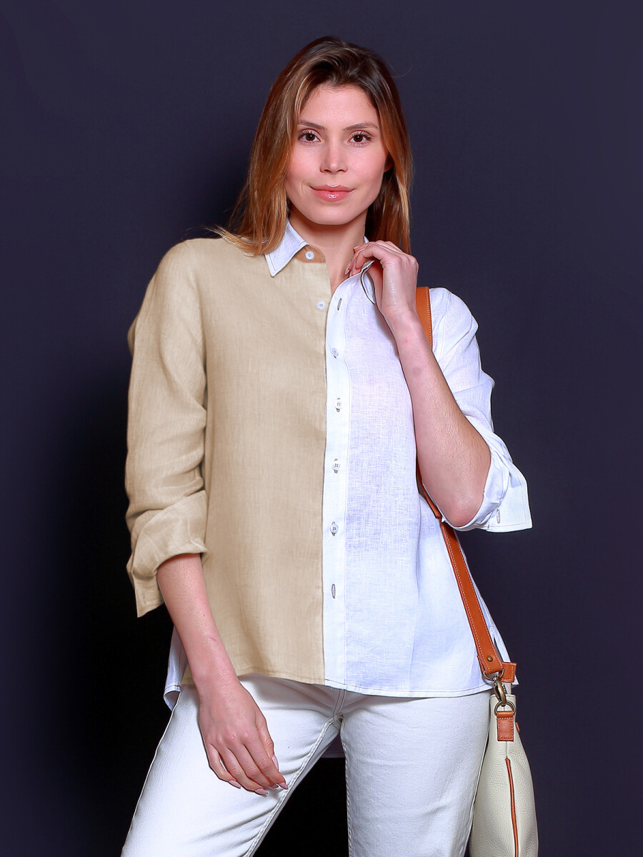 Camisa Suspiro en Lino Combinada - Beige Oscuro con Blanco 