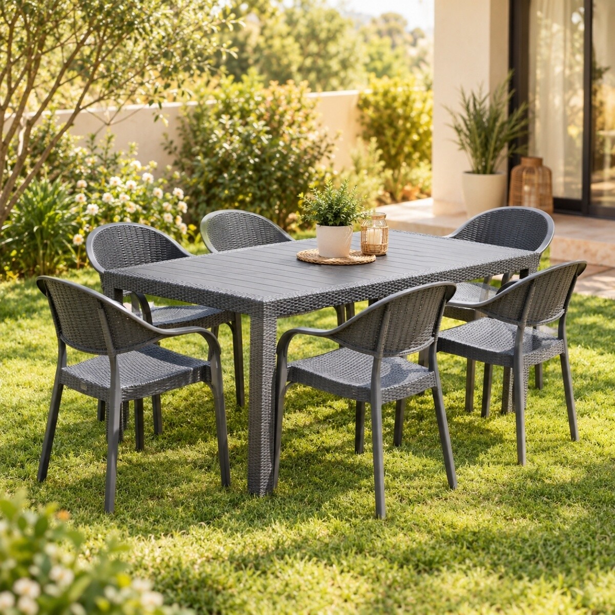 Juego de jardín 6 sillas con apoya brazo + mesa - GRIS 