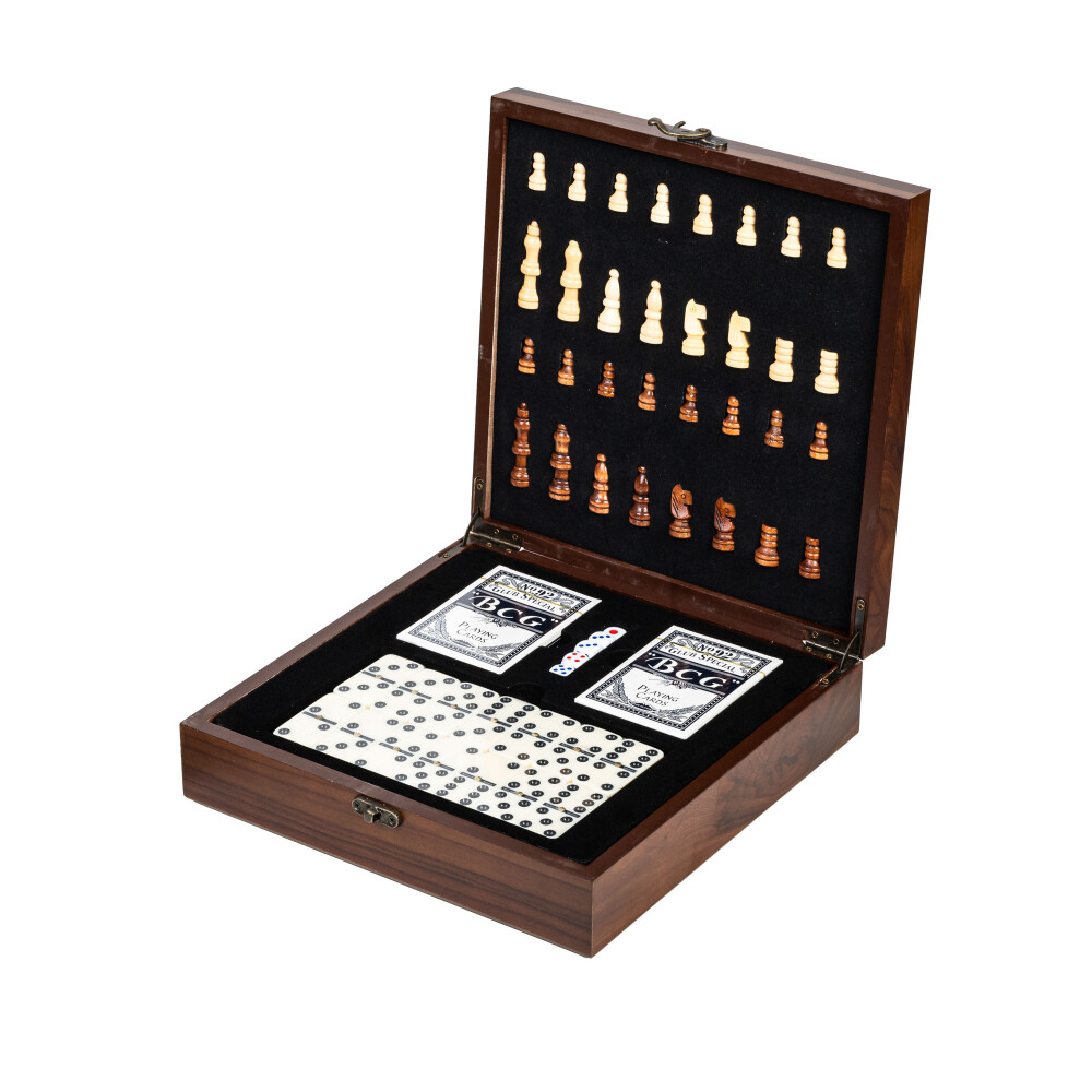 SET JUEGOS MADERA MARRON AJEDREZ, CARTAS, GENERALA Y DOMINÓ