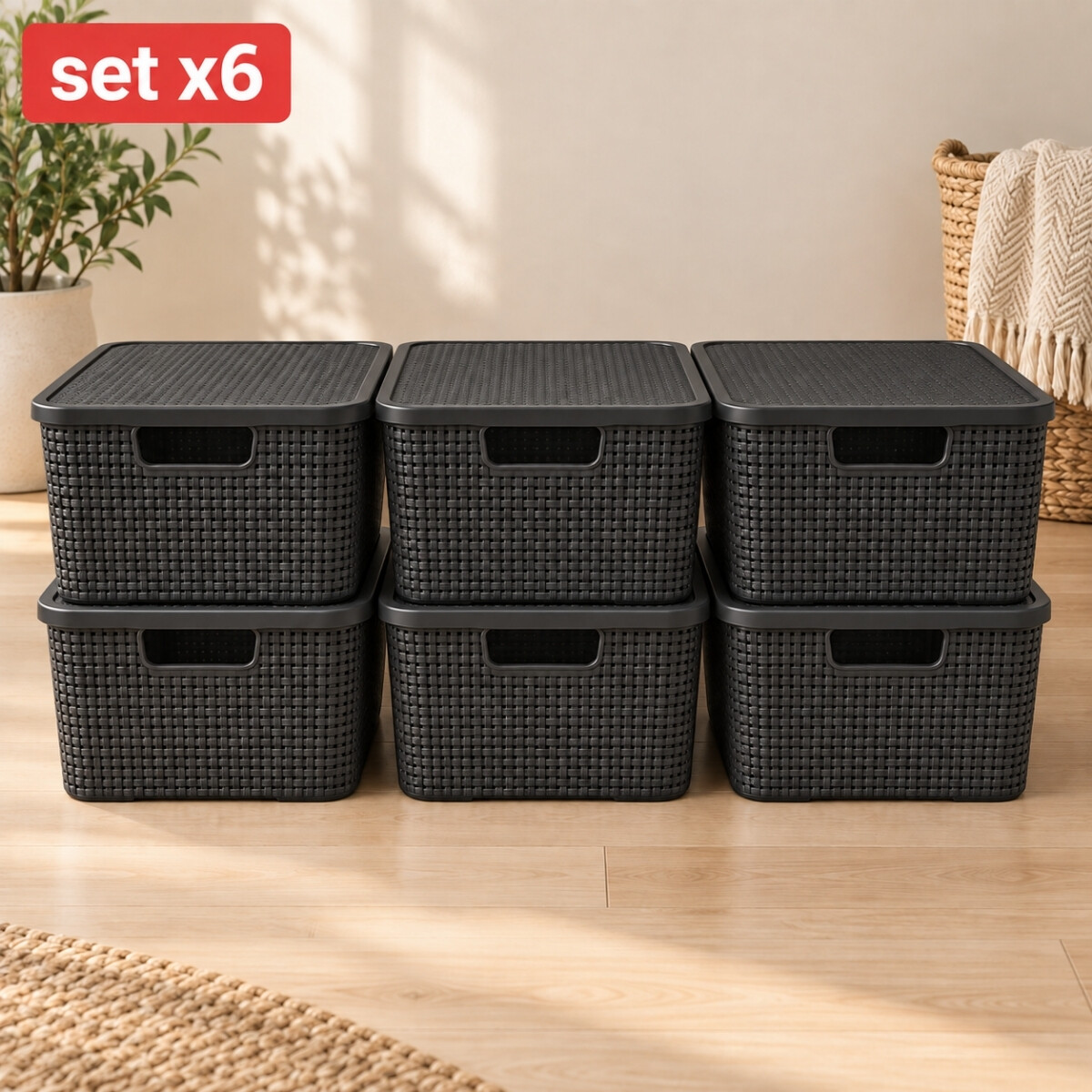 Set x6 caja simil ratán 15 lts - NEGRO 