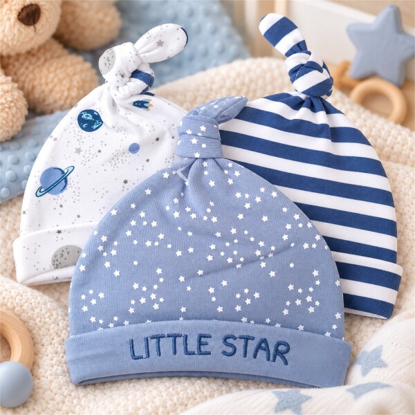 Gorro Para Bebé Recién Nacido x3 100% Algodón Con Nudo Azul 1