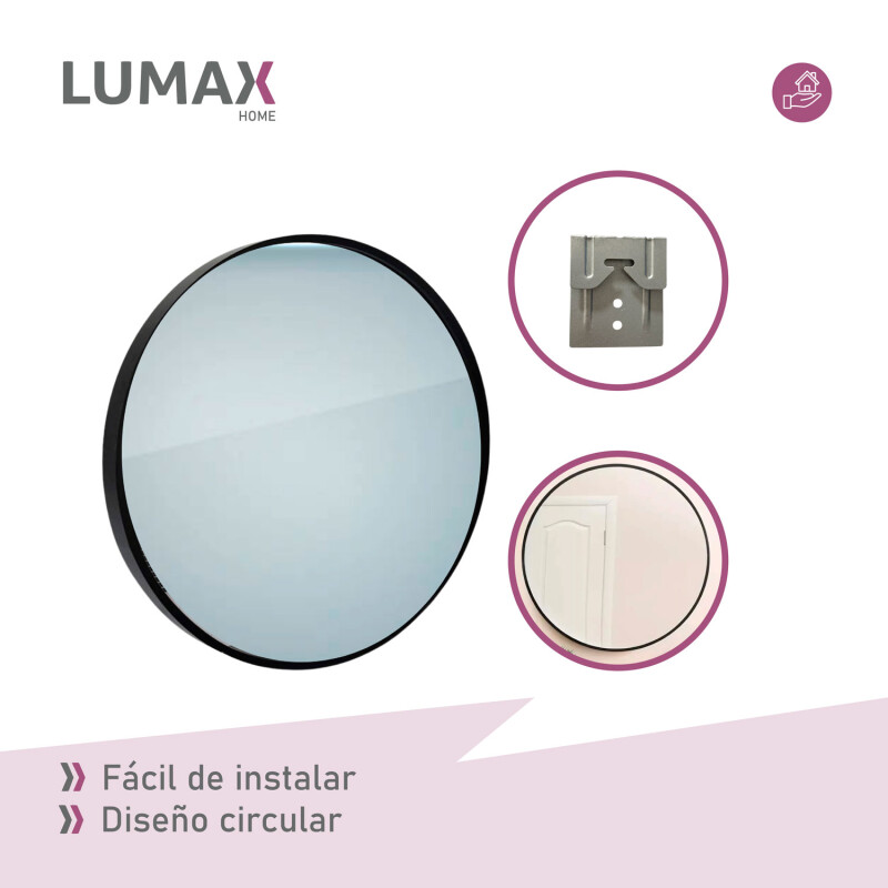 Espejo Redondo Lumax 50 Cm De Pared Con Marco Decorativo Para Baño, Hogar Y Dormitorio Negro