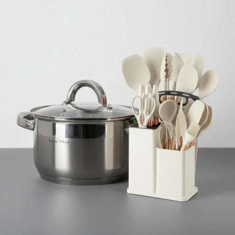 Set Cocina Utensilios 19Pzs + Olla Acero Inoxi 22cm 4,8L Beige