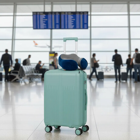 Set Valija Mediana Rígida + Almohadón Cervical Memoria Azul Celeste