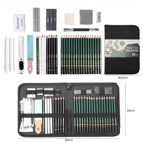 Set Dibujo 42pcs Lápices C/estuche + Acc Arte Sketch Esc007003