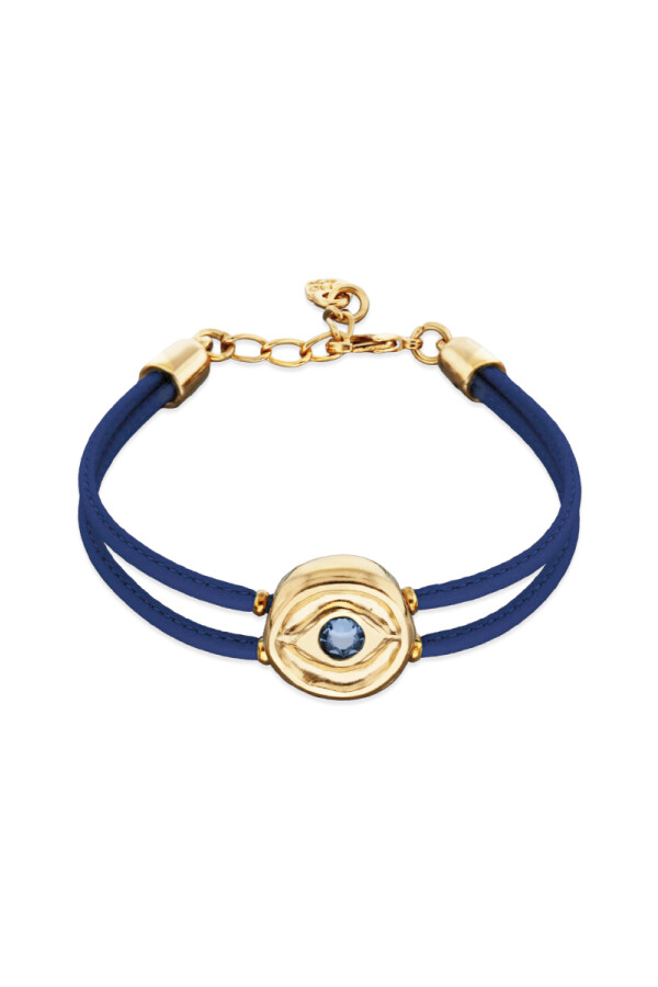 PULSERA DE CUERO DOBLE AZUL CON DETALLE DE OJO EN ALEACIÓN DE METALES BAÑADO EN ORO DE 18K Y CRISTAL Pulsera