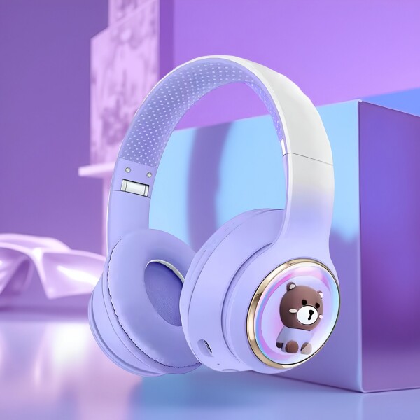 Auriculares Vincha Bluetooth Inalambricos Luces Microfono Variante Diseño Oso Violeta