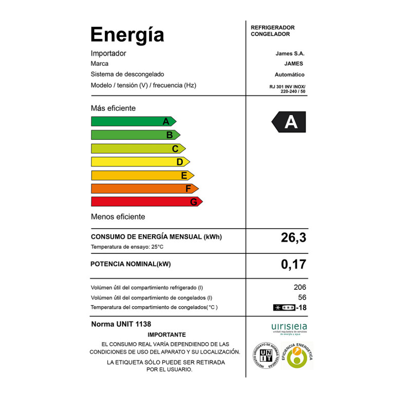 REFRIGERADOR JAMES RJ 301 INVERTER Inox -262L N/A