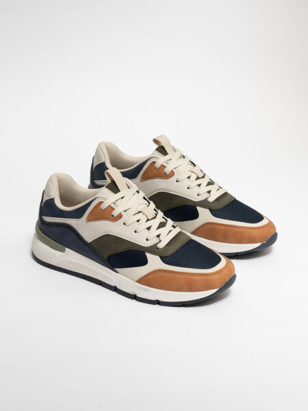 Zapatilla acordonada beige, y Azul