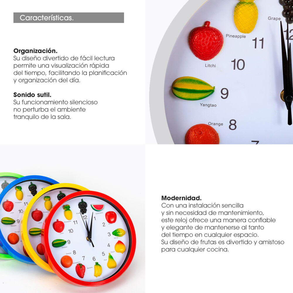 Reloj De Pared Frutal Ideal Para Cocina Análogo Espera Color negro