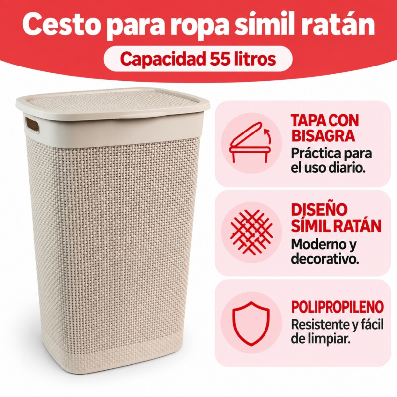 Cesto para ropa simil ratán con tapa 55 lts ARENA
