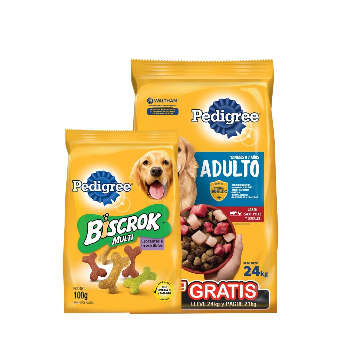 PEDIGREE CARNE, POLLO & CEREALES 21+ 3 KG + PEDIGREE BISCROK MULTI 100 GR 