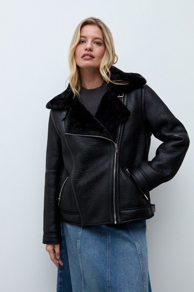 Chaqueta biker eco cuero con piel negro