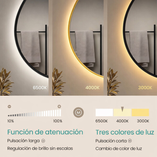 Espejo Redondo De Baño Led 60cm Función Desempañado NEGRO