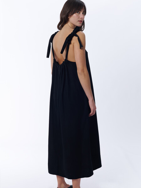 Vestido de lino largo con lazo Negro