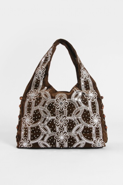 Cartera de fiesta mostacillas flor marrón