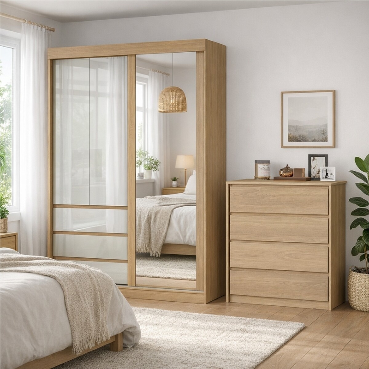Combo Dormitorio Premium: Ropero Bagdá 100% MDF con Espejo y Cómoda Carla – Castaño 