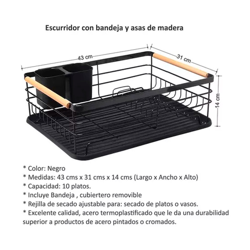 Escurridor con bandeja y asa de madera NEGRO