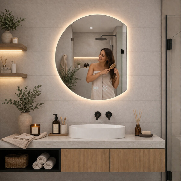 Espejo De Baño Led Redondo Medialuna Desempañador Led08 52 X 60 Cm ESPEJO REDONDO LED08 52X60 MEDIALUNA