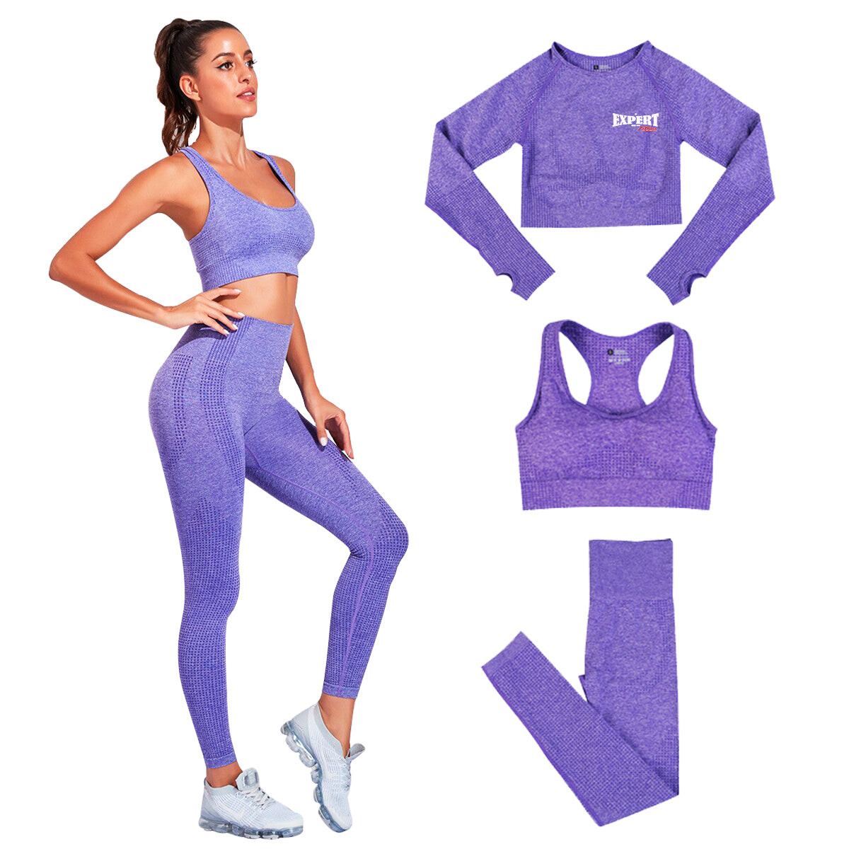 Conjunto Deportivo Dama X3 Piezas Calza Top Yoga Gym - Violeta 