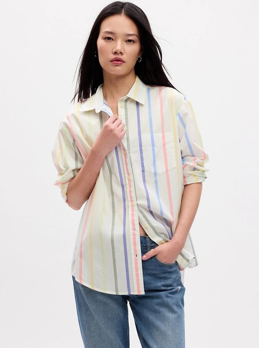 Camisa Poplin Oversize Mujer - White Multi Stripe 