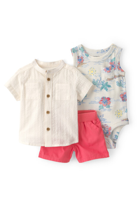 Set tres piezas de algodón, short, camisa mil rayas y body tropical Set tres piezas de algodón, short, camisa mil rayas y body tropical