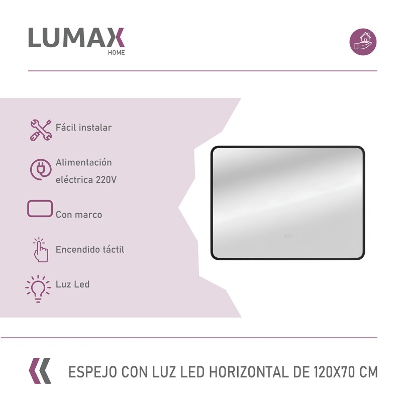 Espejo Horizontal Lumax Suleban c/marco y luz 120x70cm Negro