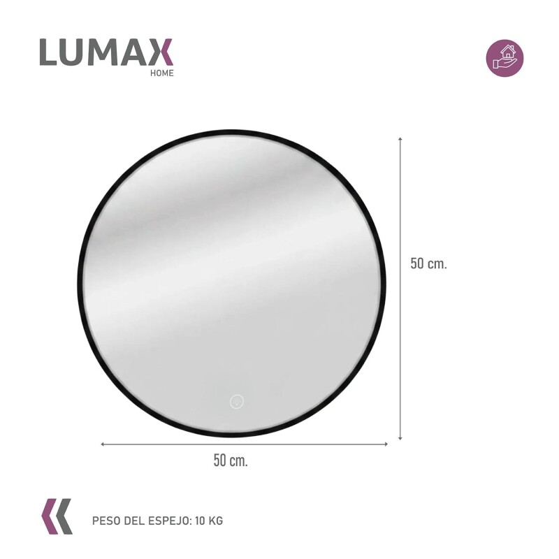 Espejo Lumax Doddy redondo con marco y luz 50cm Negro