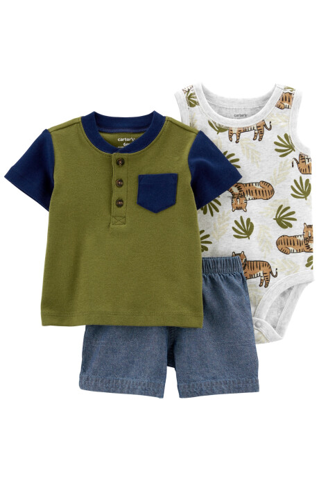 Set tres piezas de algodón, short, remera y body, diseño tigre Sin color
