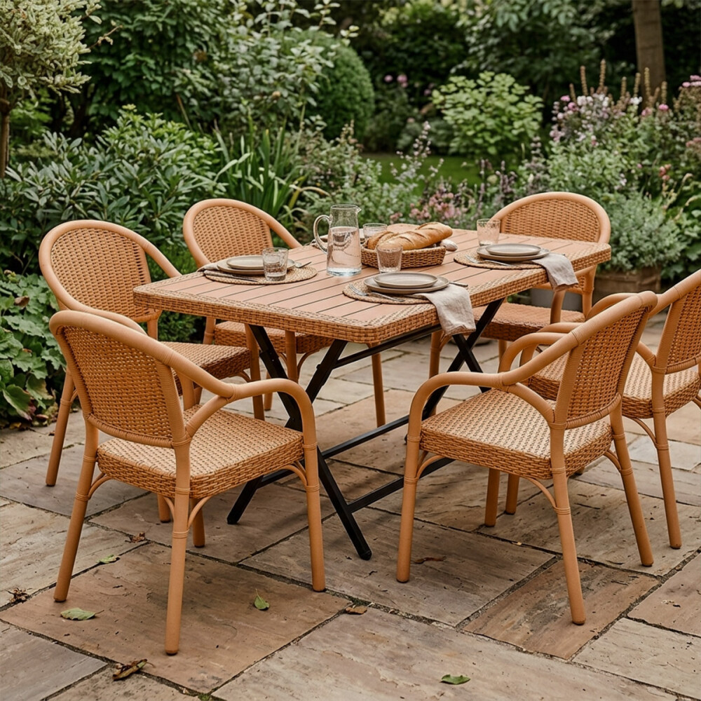 Mesa Comedor Plegable Exterior 1.20m + 6 Sillas Jardin Beige