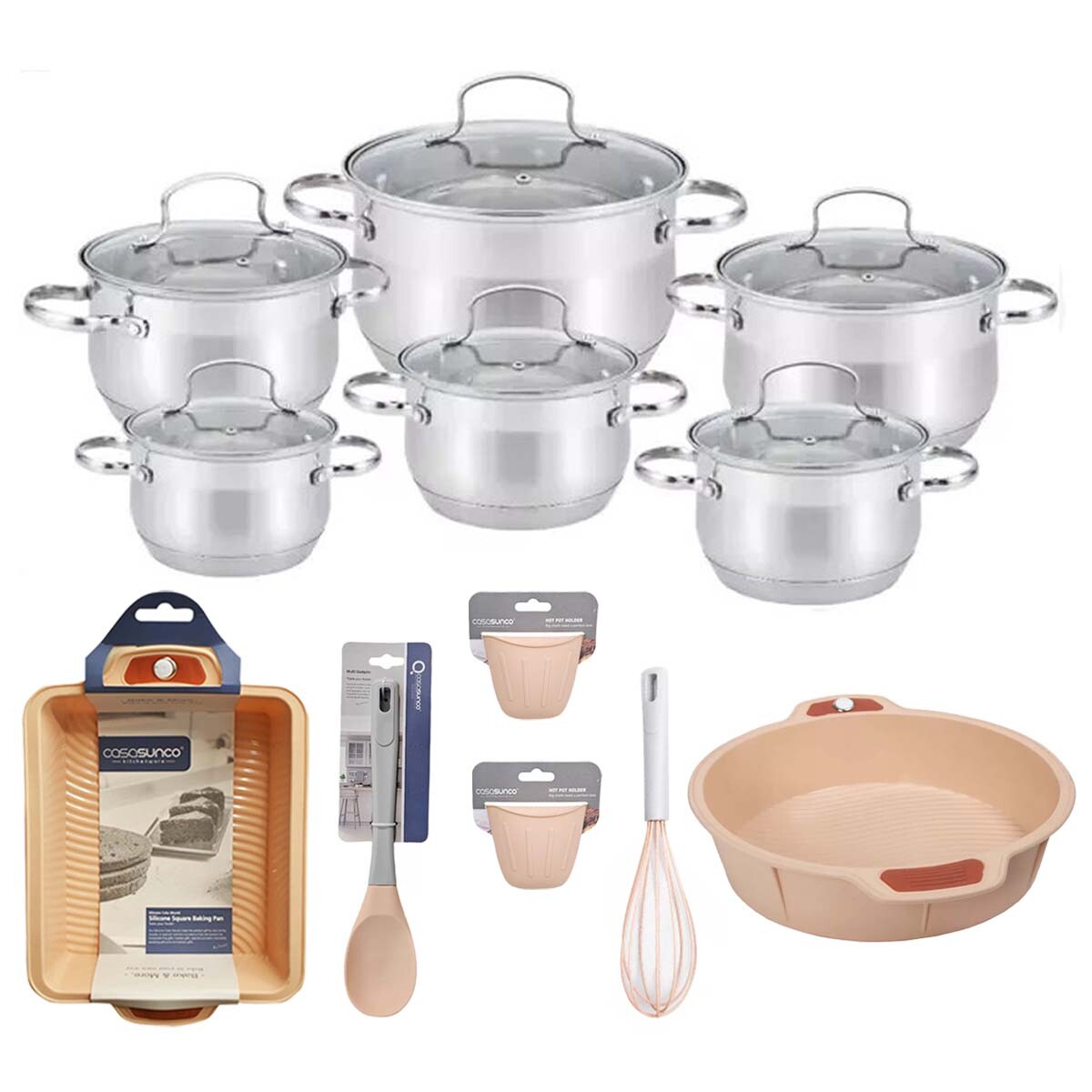 Set Cocina 18P Juego Batería Acero Inox + Accesorio Silicona - Salmón 