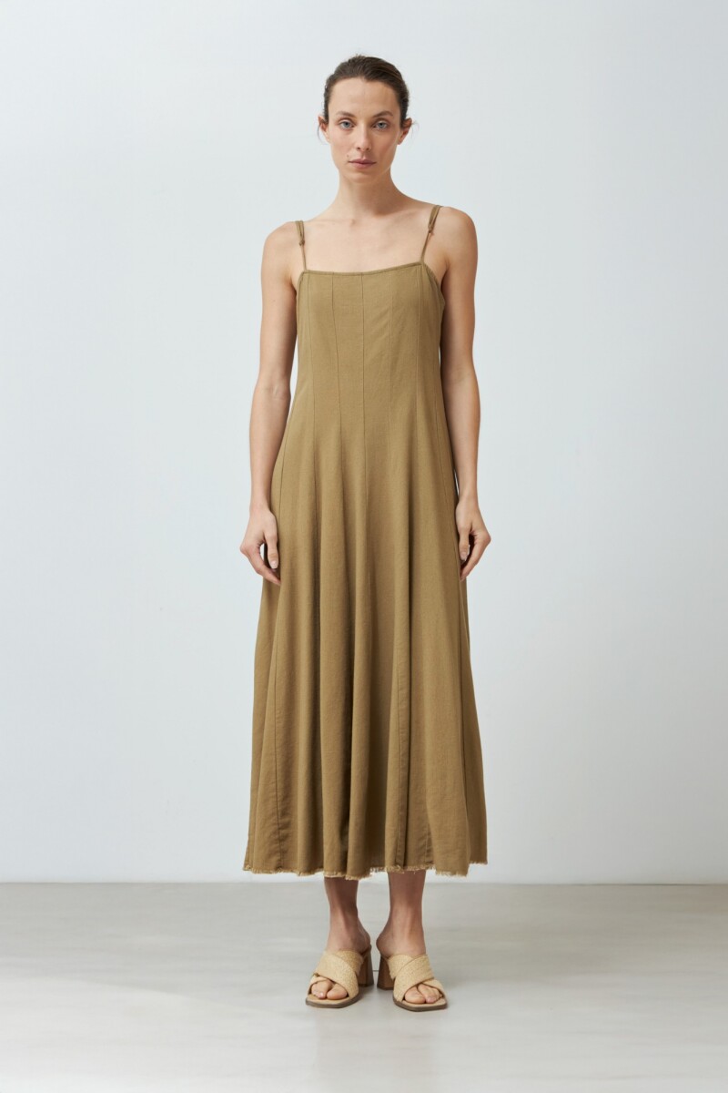 Vestido de lino bretel fino con cortes verde oliva