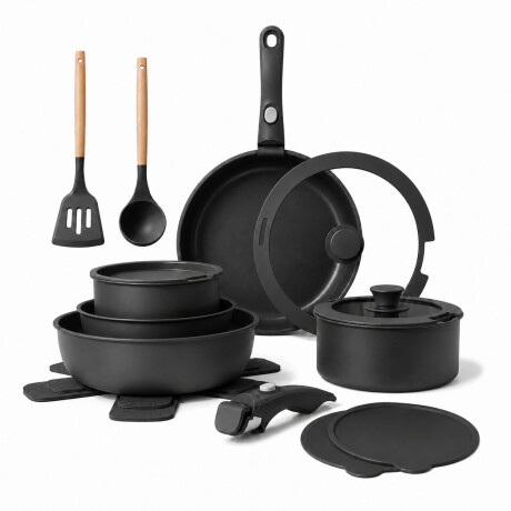 Set Ollas 17 Piezas Antiadherentes Mango Extraible Negro