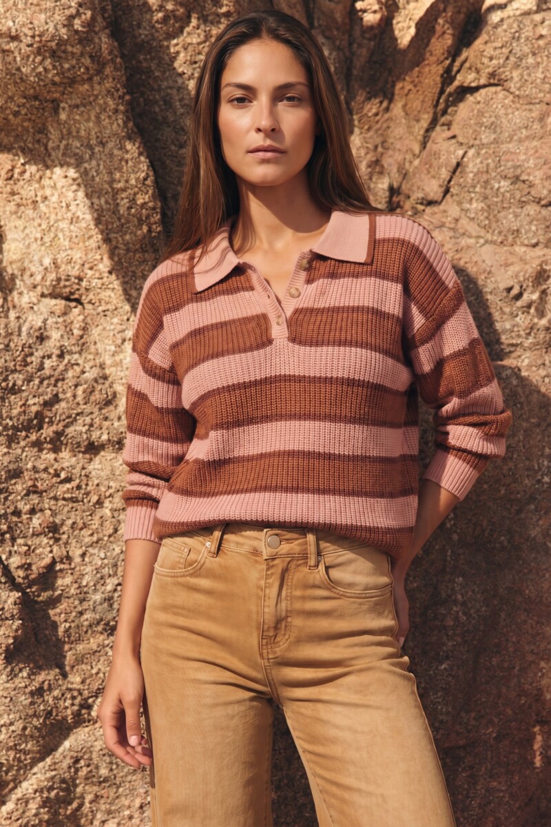 Sweater Polo Rayado Rosa Viejo