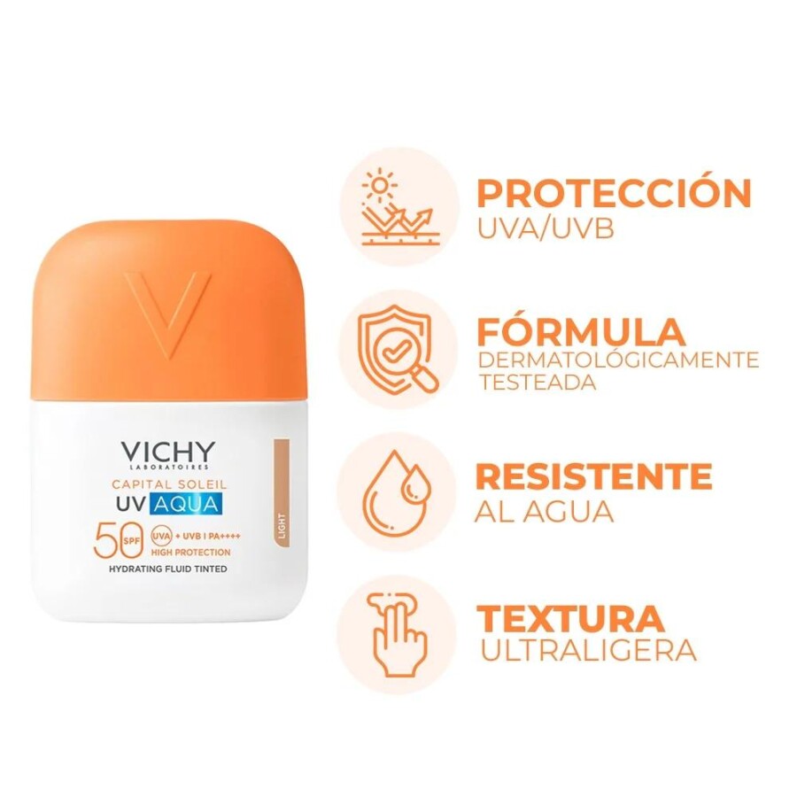 Protector Solar Facial UV Aqua Fluido Hidratante Tono Claro FPS 50 - Vichy Protector Solar Facial UV Aqua Fluido Hidratante Tono Claro FPS 50 - Vichy