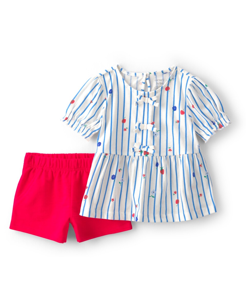 Set dos piezas de algodón, short rojo y remera blanca con rayas azules. Talles 2-5T 